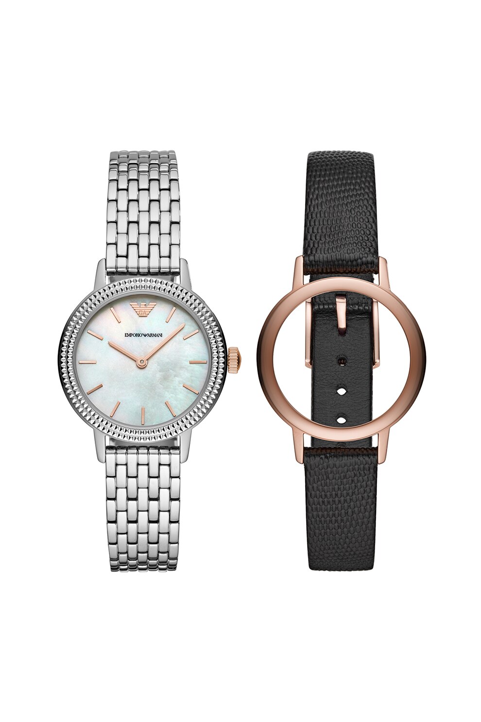 Emporio Armani, Ceas cu cadran Mother of Pearl si set de curea intersajabila si coroana, Argintiu/Negru